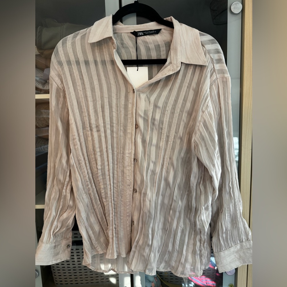 Zara Women’s Neutral Chiffon Button Down Shirt NWT